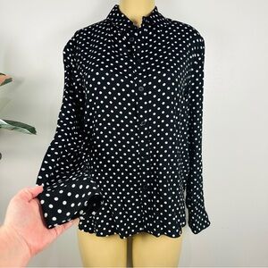 Zara Black Polka Dot Blouse Sz L Button Front Long Sleeves Shirt Top